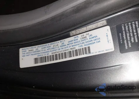 2003 Volkswagen New Beetle Gls 2.0L from USA, damaged, VIN 3VWCK21C33M417820